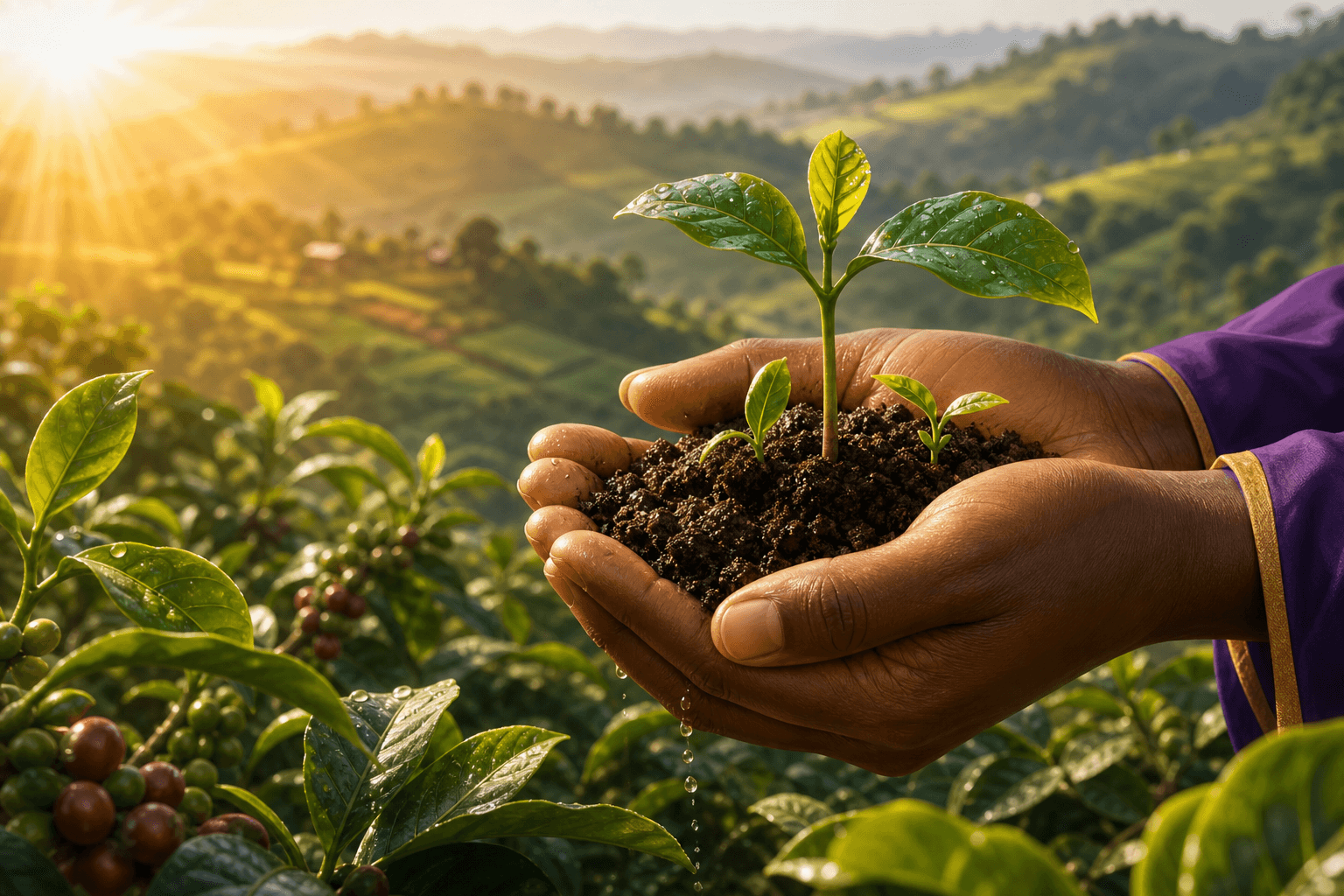 Foundation illustration of golden hands cradling coffee seedlings