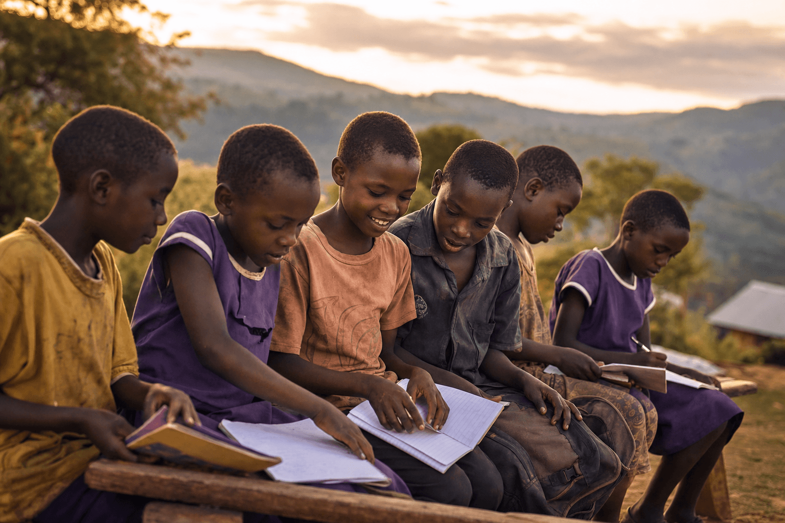Ugandan children learning outdoors under warm light